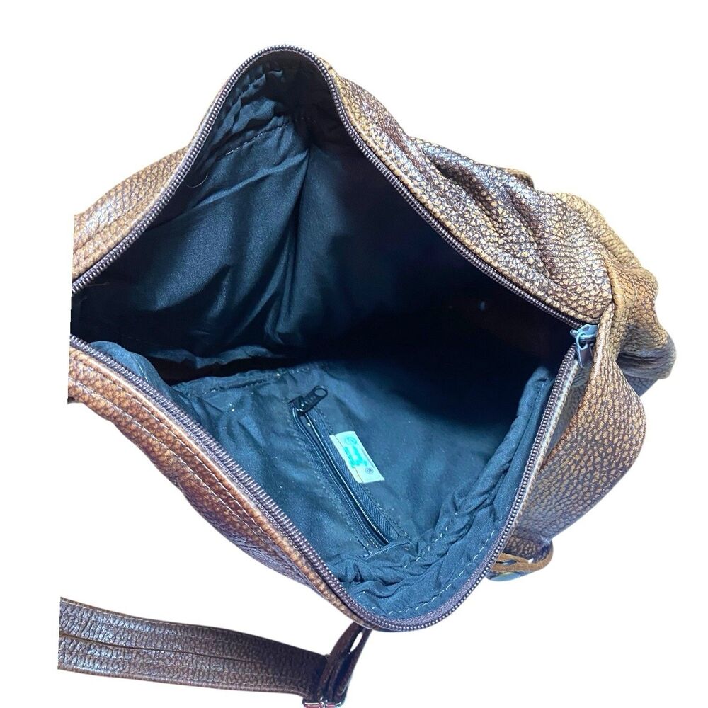 VTG Brown Pebbled Leather Teardrop Sling Bag Crossbody Backpack Multi-Pocket - Picture 4 of 12